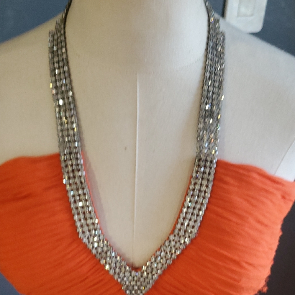 Vtg Niteline Chic Orange Silk Gown with Silver Accents - Picture 5 of 16